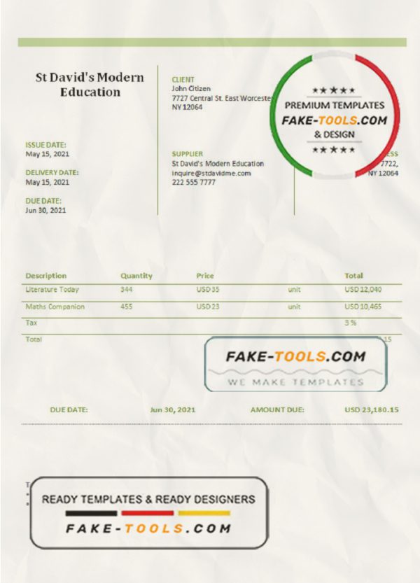 USA St David’s Modern Education invoice template in Word and PDF format, fully editable scan effect