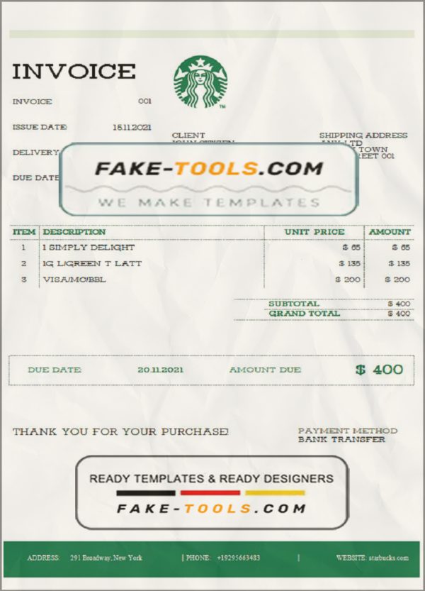 USA Starbucks invoice template in Word and PDF format, fully editable scan effect