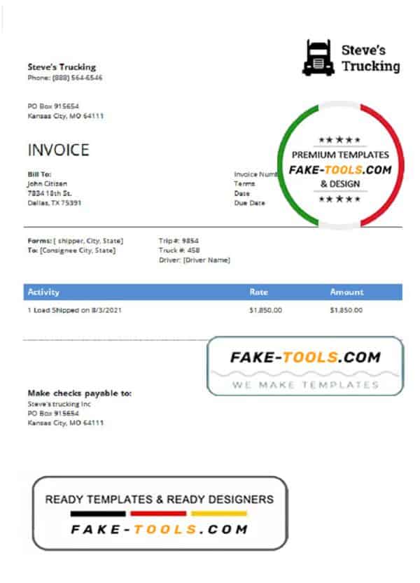 USA Steve’s Trucking Company invoice template in Word and PDF format, fully editable