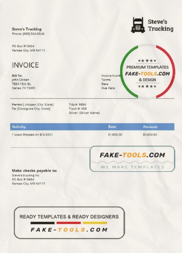 USA Steve’s Trucking Company invoice template in Word and PDF format, fully editable