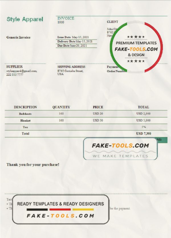 USA Style Apparel invoice template in Word and PDF format, fully editable scan effect