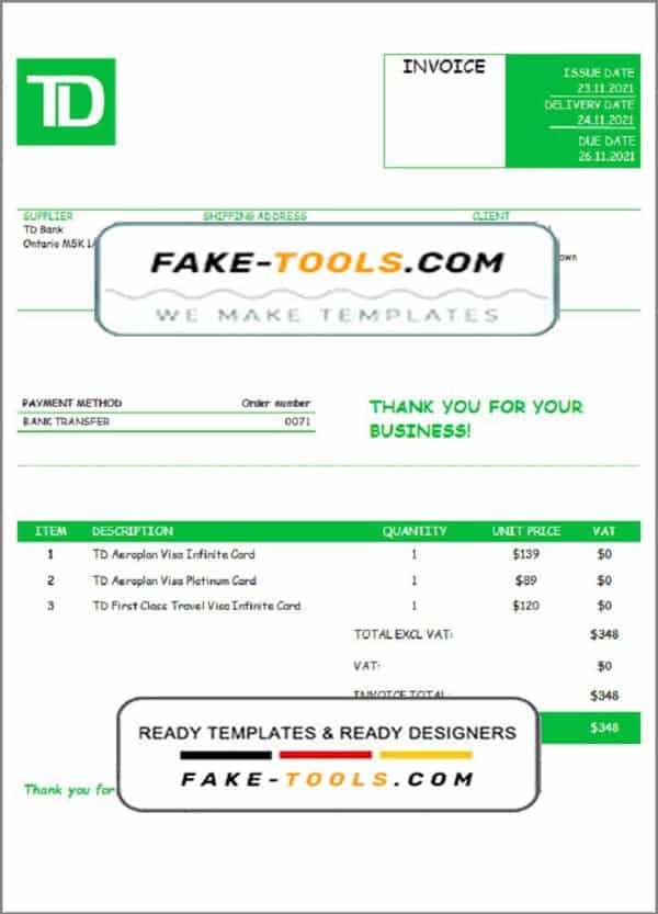 USA TD invoice template in Word and PDF format, fully editable
