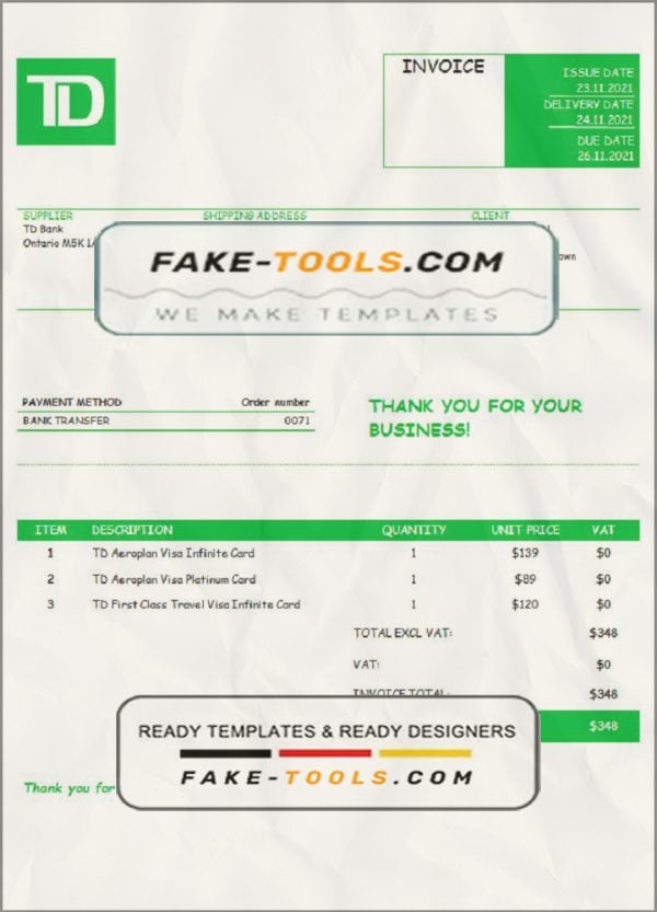 USA TD invoice template in Word and PDF format, fully editable