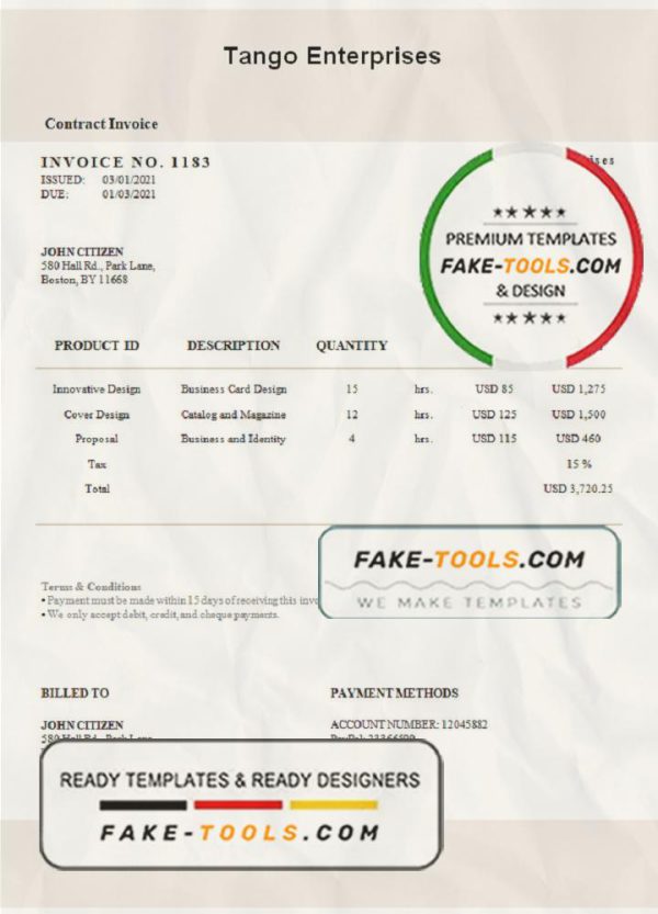 USA Tango Enterprises invoice template in Word and PDF format, fully editable scan effect