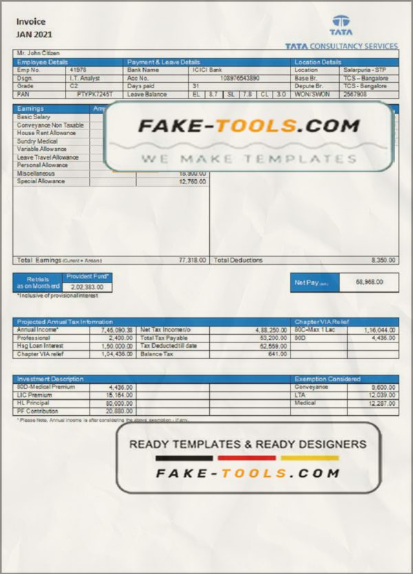 USA Tata Consulting Services invoice template in Word and PDF format, fully editable scan effect