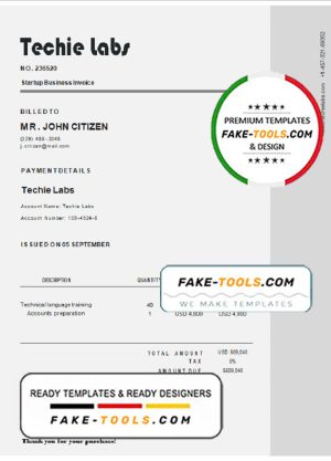 USA Techie Labs invoice template in Word and PDF format, fully editable