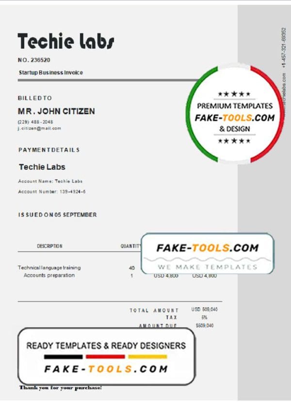 USA Techie Labs invoice template in Word and PDF format, fully editable