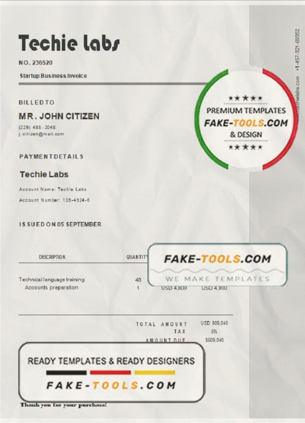 USA Techie Labs invoice template in Word and PDF format, fully editable