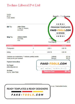 USA Techno Liberal Pvt Ltd invoice template in Word and PDF format, fully editable