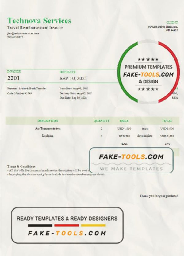 USA Technova Services invoice template in Word and PDF format, fully editable scan effect