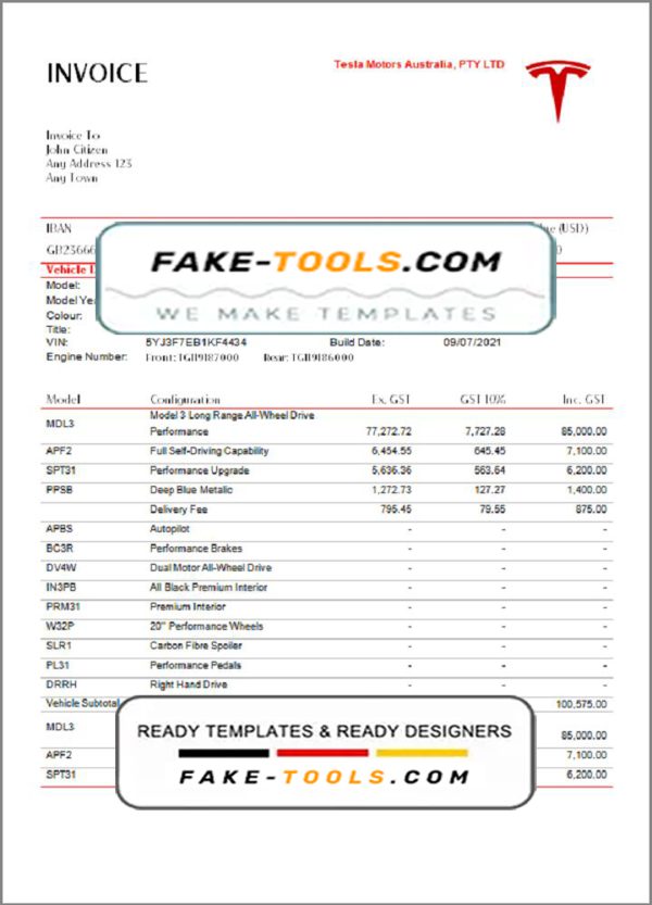 USA Tesla invoice template in Word and PDF format, fully editable