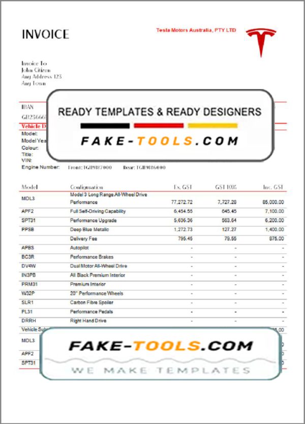 USA Tesla invoice template in Word and PDF format, fully editable