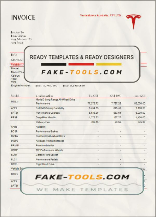 USA Tesla invoice template in Word and PDF format, fully editable scan effect