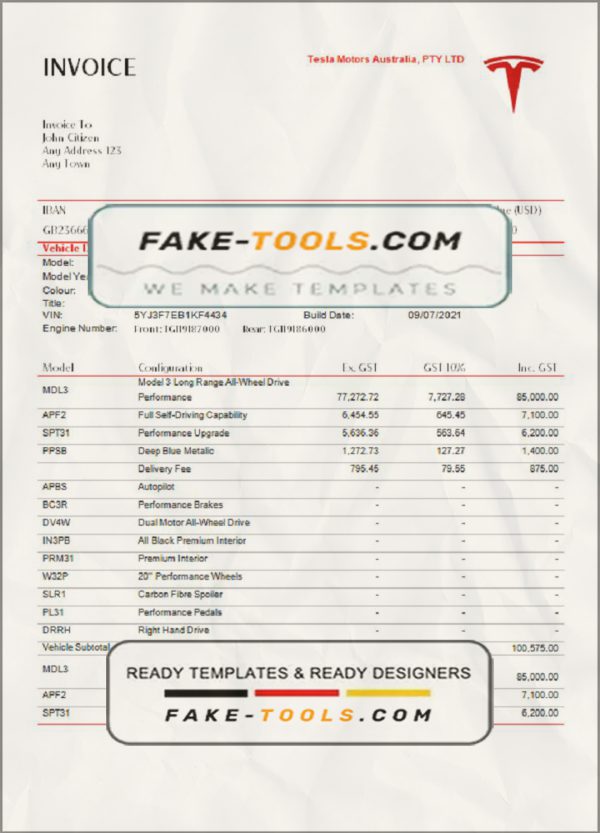 USA Tesla invoice template in Word and PDF format, fully editable scan effect