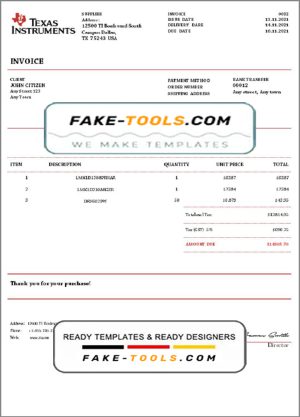 USA Texas Instruments invoice template in Word and PDF format, fully editable