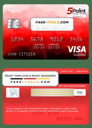 USA Texas 5Point Credit Union bank visa classic card, fully editable template in PSD format
