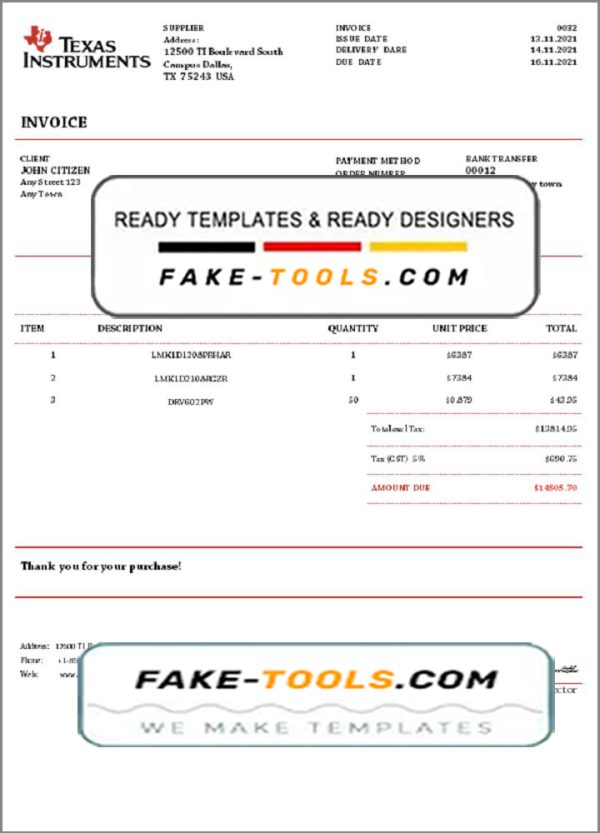 USA Texas Instruments invoice template in Word and PDF format, fully editable