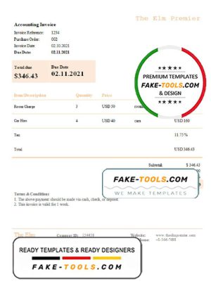 USA The Elm Premier invoice template in Word and PDF format, fully editable
