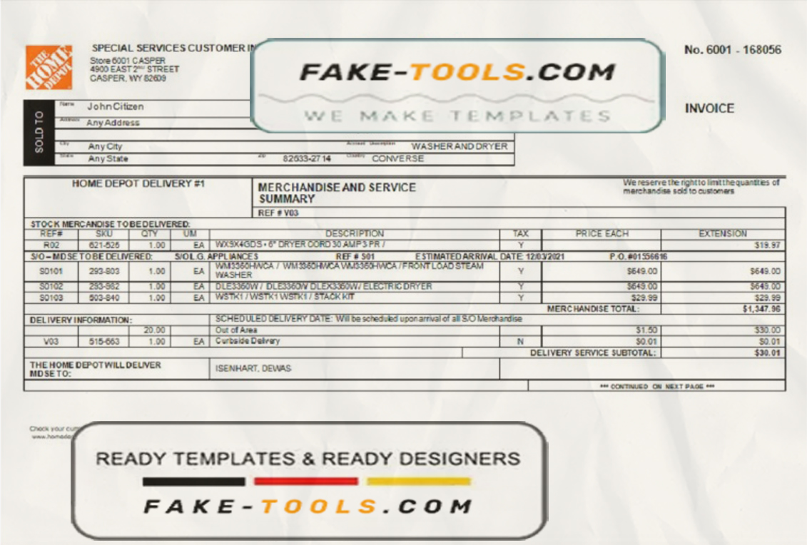 USA The Home Depot invoice template in Word and PDF format, fully editable scan effect