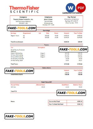 USA Thermo Fisher Scientific laboratory instruments company pay stub Word and PDF template
