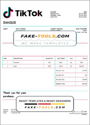 USA Tik Tok invoice template in Word and PDF format, fully editable