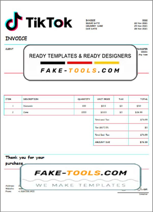 USA Tik Tok invoice template in Word and PDF format, fully editable
