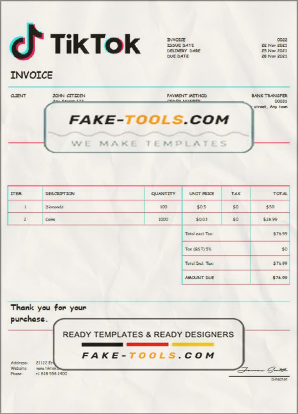 USA Tik Tok invoice template in Word and PDF format, fully editable scan effect