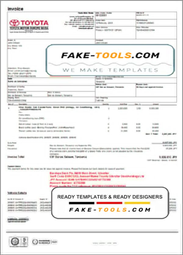 USA Toyota invoice template in Word and PDF format, fully editable