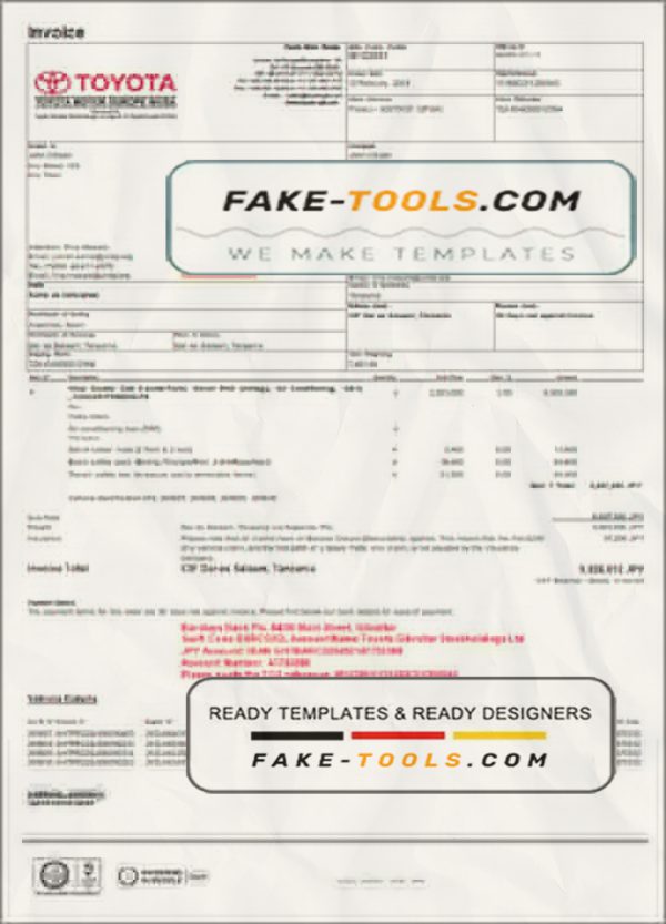 USA Toyota invoice template in Word and PDF format, fully editable scan effect