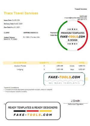 USA Trace Travel Services invoice template in Word and PDF format, fully editable