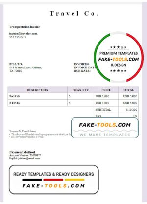USA Travel Co. invoice template in Word and PDF format, fully editable