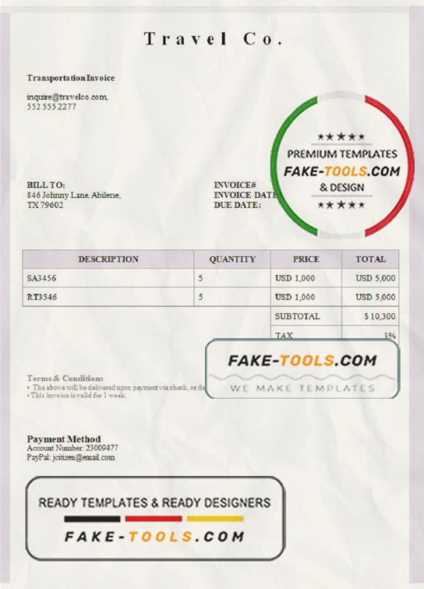 USA Travel Co. invoice template in Word and PDF format, fully editable scan effect