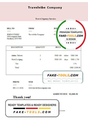 USA Travelvibe Company invoice template in Word and PDF format, fully editable