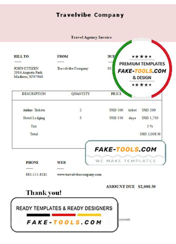 USA Travelvibe Company invoice template in Word and PDF format, fully editable