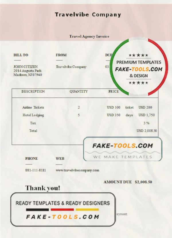 USA Travelvibe Company invoice template in Word and PDF format, fully editable scan effect