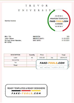 USA Trevor University invoice template in Word and PDF format, fully editable