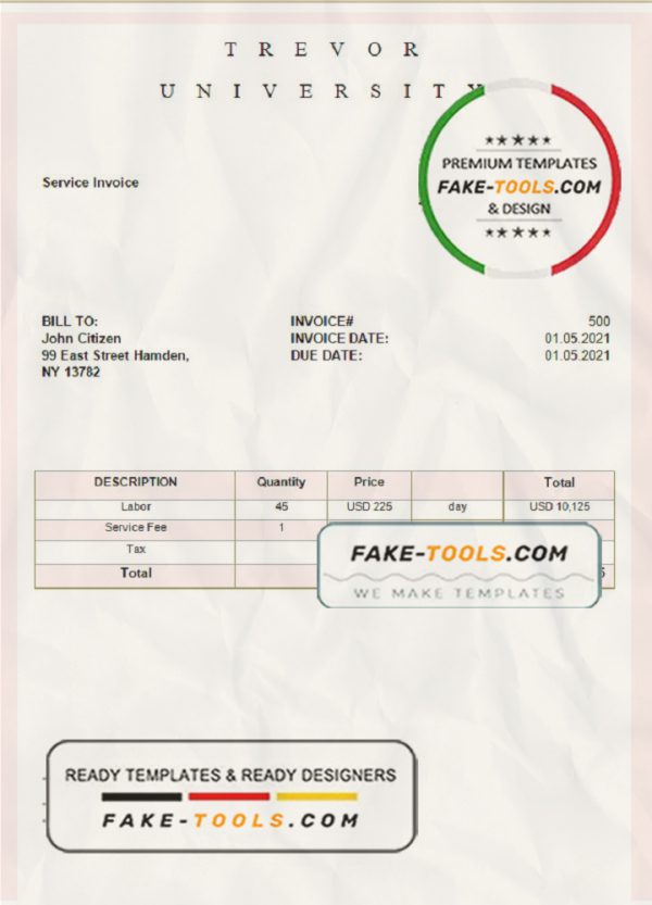 USA Trevor University invoice template in Word and PDF format, fully editable scan effect