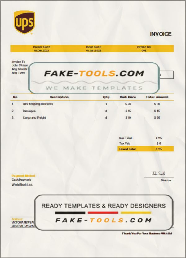 USA UPS invoice template in Word and PDF format, fully editable scan effect