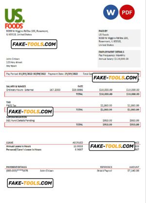 USA US Foods food distribution company pay stub Word and PDF template