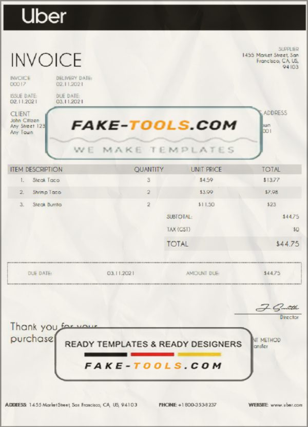 USA Uber invoice template in Word and PDF format, fully editable scan effect