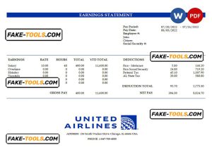 USA United Airlines Holdings airlines company pay stub Word and PDF template