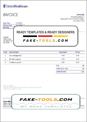 USA United Health Care invoice template in Word and PDF format, fully editable