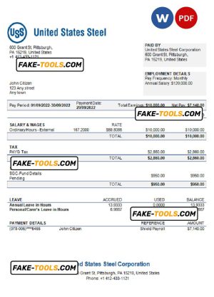 USA United States Steel Corporation steel production company pay stub Word and PDF template