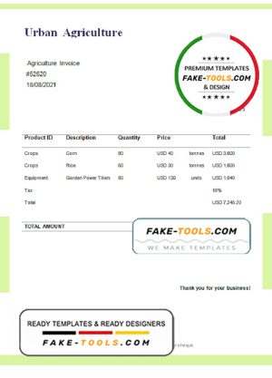 USA Urban Agriculture invoice template in Word and PDF format, fully editable