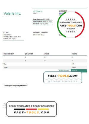 USA Valerie Inc. invoice template in Word and PDF format, fully editable