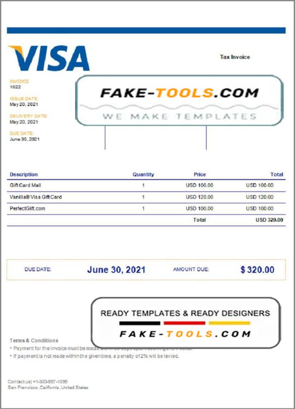 USA Visa invoice template in Word and PDF format, fully editabl