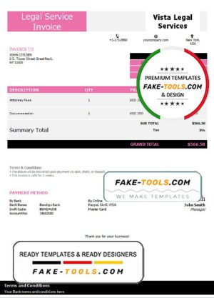 USA Vista Legal Services invoice template in Word and PDF format, fully editable