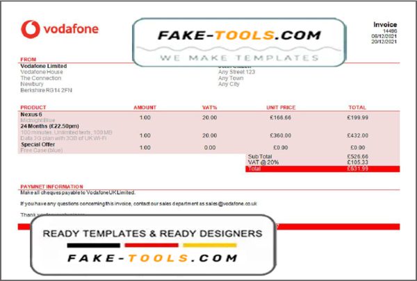 USA Vodafone invoice template in Word and PDF format, fully editable scan effect