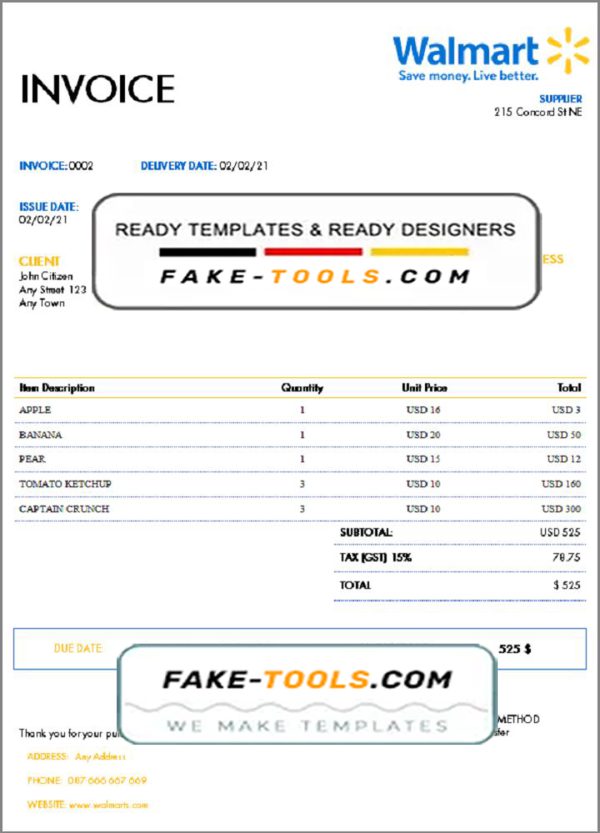 USA Walmart invoice template in Word and PDF format, fully editable