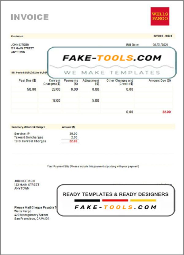 USA Wells Fargo invoice template in Word and PDF format, fully editabl